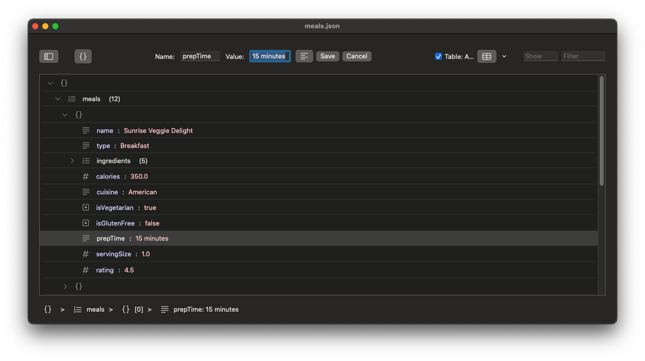 Edit content in JSON Editor Window