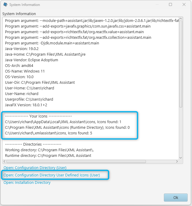 System Information dialog with icon directories